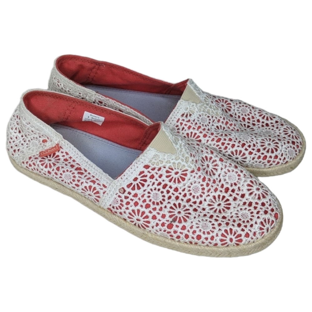 LL Bean Women's Size 8 White Pink Coral Crochet Lace Slip on Espadrille